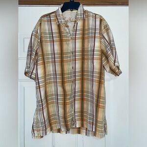 Tommy Bahama LARGE Tan Brown Plaid Men's Short Sleeve Shirt Buttons Pocket‌‌‌